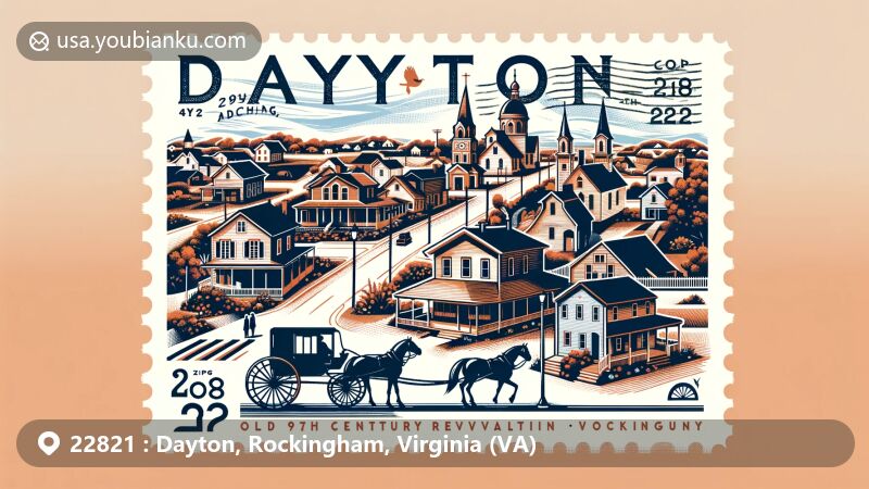 Modern illustration of Dayton, Rockingham County, Virginia, highlighting architectural styles from Late 19th & Early 20th Century Revivals and Late Victorian, featuring imagery of Old Order Mennonite community with horse-drawn buggies, showcasing Daniel Harrison House, Fort Harrison, and local events like Dayton Days Autumn Celebration, Dayton Redbud Arts & Crafts Festival.