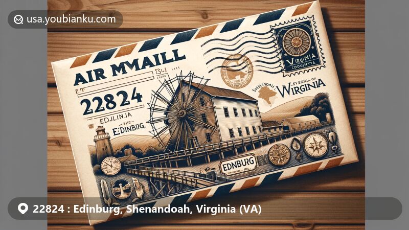 Modern illustration of Edinburg, Virginia, depicting air mail envelope with ZIP code 22824, showcasing Edinburg Mill, state flag, and Shenandoah County map outline.
