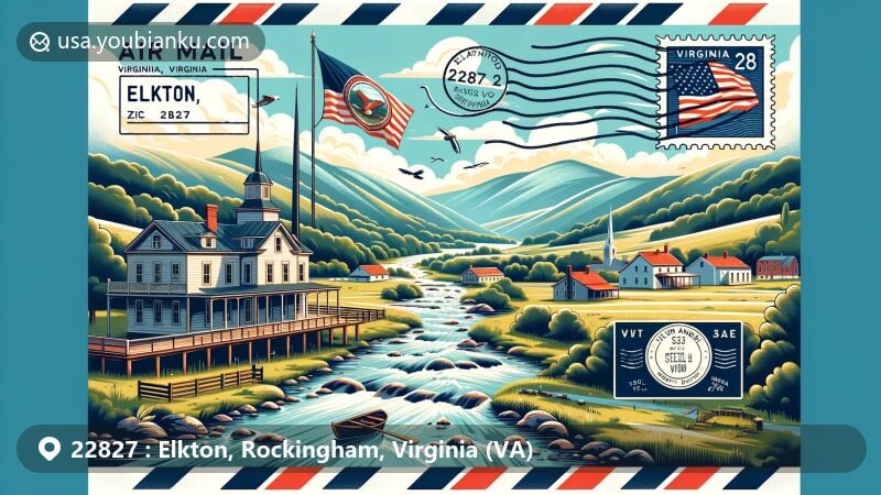 Modern illustration of Elkton, Rockingham County, Virginia, depicting an air mail envelope with ZIP code 22827, showcasing Shenandoah Valley beauty and Elkton Historic District architecture.