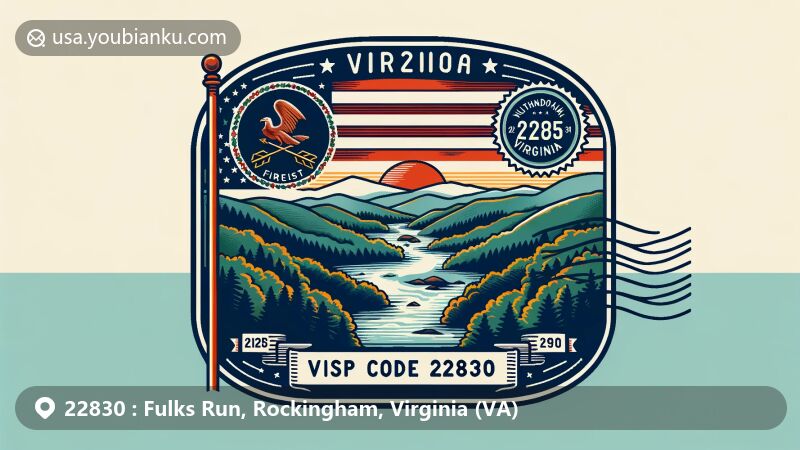 Modern illustration of Fulks Run, Rockingham County, Virginia, displaying a postal theme with ZIP code 22830, featuring Virginia state flag, George Washington National Forest contour, North Fork Shenandoah River symbol, and postal elements.