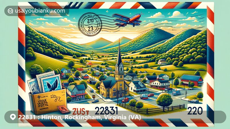 Modern illustration of Hinton, Rockingham County, Virginia, highlighting postal theme with vintage airmail elements and ZIP code 22831, set against scenic Blue Ridge Mountains backdrop.