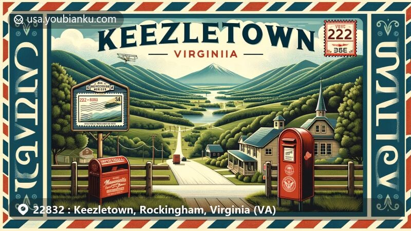 Modern illustration of Keezletown, Virginia, highlighting ZIP code 22832, featuring Massanutten Mountain and Massanetta Springs Historic District.