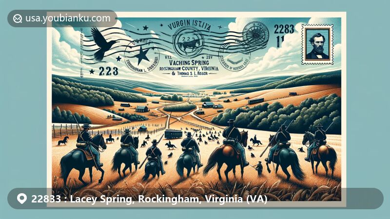 Detailed illustration of Lacey Spring, Rockingham County, Virginia, focusing on historical significance during the Civil War with George Armstrong Custer and Thomas L. Rosser, featuring Virginia's state symbols and ZIP code 22833.