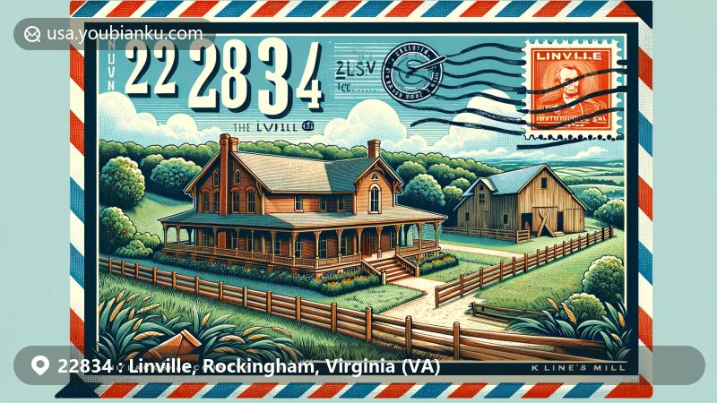 Modern illustration of Linville, Rockingham County, Virginia, showcasing postal theme with ZIP code 22834, featuring Lincoln Homestead and The Barn at Kline's Mill.