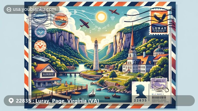 Modern illustration of Luray, Virginia, Page County, highlighting Luray Caverns, Belle Brown Northcott Memorial (Luray Singing Tower), and Lake Arrowhead, set against Shenandoah Valley backdrop in a postcard design with postal elements like ZIP Code 22835.