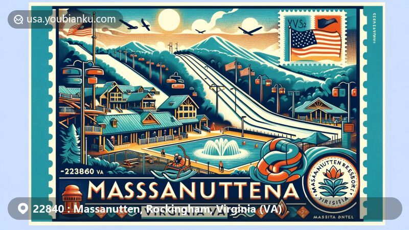 Modern illustration of Massanutten Resort in Rockingham County, Virginia, featuring ski slopes and water park, with Virginia state flag backdrop and postcard design.