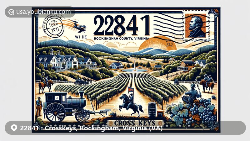 Modern illustration of Crosskeys, Rockingham County, Virginia, highlighting historic Battle of Cross Keys site, picturesque Rockingham County landscape, and CrossKeys Vineyards.