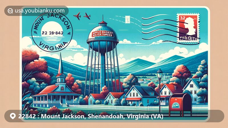 Modern illustration of Mount Jackson, Shenandoah County, Virginia, with Apple Basket Water Tower as central landmark, featuring airmail postcard theme with postal elements and ZIP Code 22842.