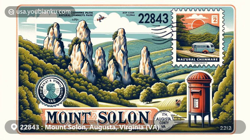 Modern illustration of Mount Solon, Augusta County, Virginia, highlighting Natural Chimneys Park, Shenandoah Valley landscape, and postal theme with vintage postcard layout, postmark, and antique mailbox.