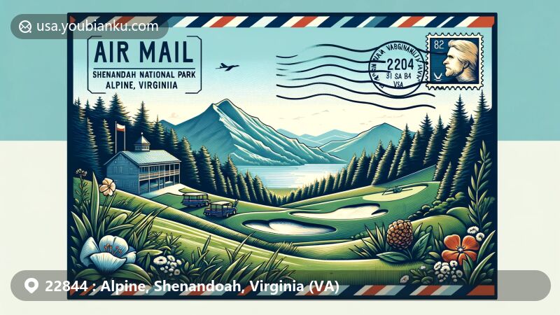 Modern illustration of Alpine, Shenandoah, Virginia (VA), featuring scenic Shenandoah National Park with mountains and forests, Shenvalee Golf Resort, and Virginia state flag, showcasing postal theme with stamp and postmark displaying ZIP code 22844 and location details.
