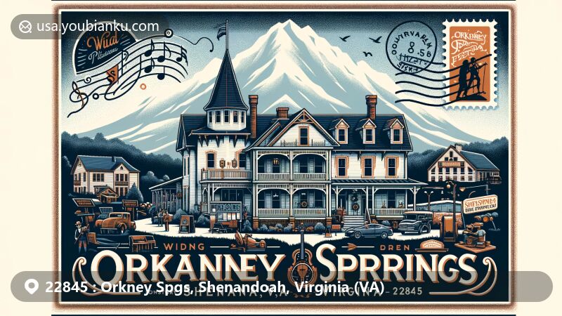 Modern illustration of Orkney Springs, Shenandoah, Virginia, capturing the essence of the area with a postcard design, highlighting the Virginia House (Orkney Springs Hotel) and the Great North Mountain.