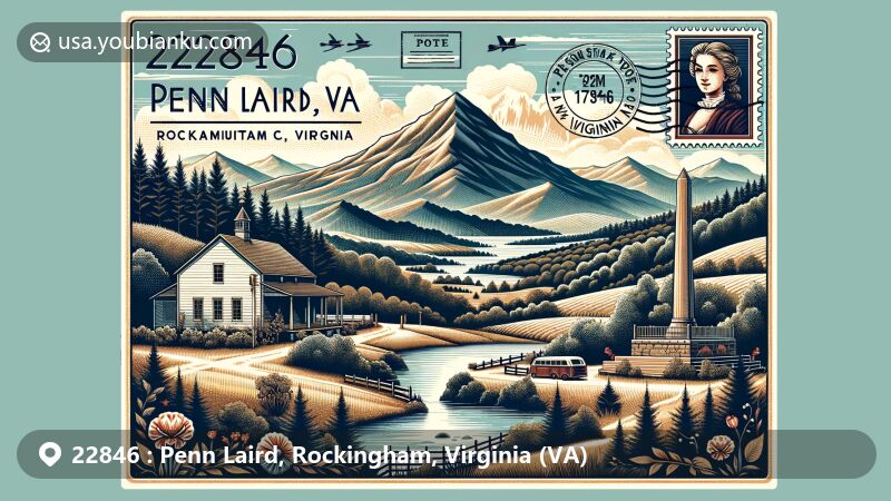 Modern illustration of Penn Laird, Rockingham County, Virginia, featuring postal theme with 22846 ZIP code, showcasing Massanutten Mountain and Massanetta Springs.