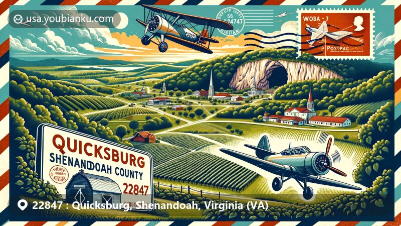 Modern illustration of Quicksburg area, Shenandoah County, Virginia, with elements like Shenandoah Caverns and a vineyard, featuring an aviation-themed postal concept with vintage airplane, stamps, and postmark displaying ZIP code 22847.