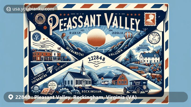 Modern illustration of Pleasant Valley, Rockingham, Virginia, showcasing airmail theme with ZIP code 22848, featuring Blue Ridge Mountains, Shenandoah Valley, Elkton historic district, and vintage mail symbols.