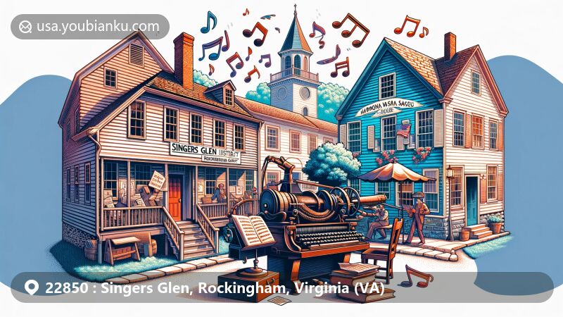 Modern illustration of Singers Glen, Rockingham County, Virginia, showcasing birthplace of sacred music in the South, highlighting historic district and Joseph Funk House, known for Mennonite printing house and Harmonia Sacra.