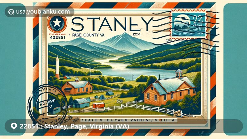 Modern illustration of Stanley, Page County, Virginia, featuring Shenandoah Valley, Blue Ridge Mountains, hiking, camping, vintage postcard design with ZIP code 22851, highlighting Virginia state flag.