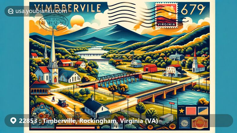 Modern illustration of Timberville, Rockingham, Virginia (VA), showcasing postal theme with ZIP code 22853, featuring the North Fork of the Shenandoah River, Blue Ridge and Appalachian Mountains, covered bridge, early fort locations, vintage postcard layout, stamp, and postmark.