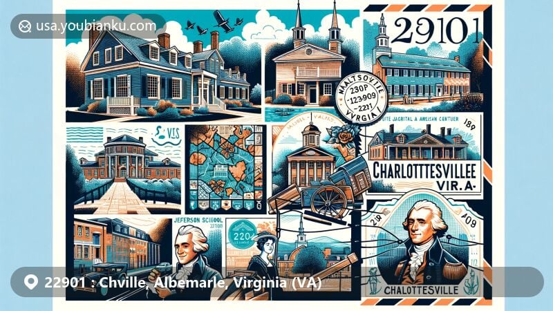 Contemporary illustration of Charlottesville and Albemarle, Virginia, featuring historic sites like Michie Tavern and James Madison's Montpelier, along with Jefferson School African American Heritage Center, designed as a modern postcard with postal theme and air mail envelope aesthetics.