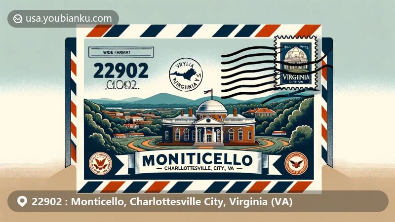 Modern illustration of Monticello in Charlottesville City, Virginia, depicted within an air mail envelope with elements of the state flag, highlighting ZIP code 22902.