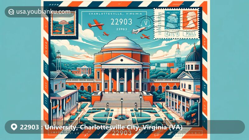 Modern illustration of Charlottesville, Virginia, featuring iconic landmarks like the University of Virginia's Rotunda, Monticello estate, Paramount Theater, and McGuffey Arts Center, set against the backdrop of Downtown Mall, with postal elements and ZIP code 22903.
