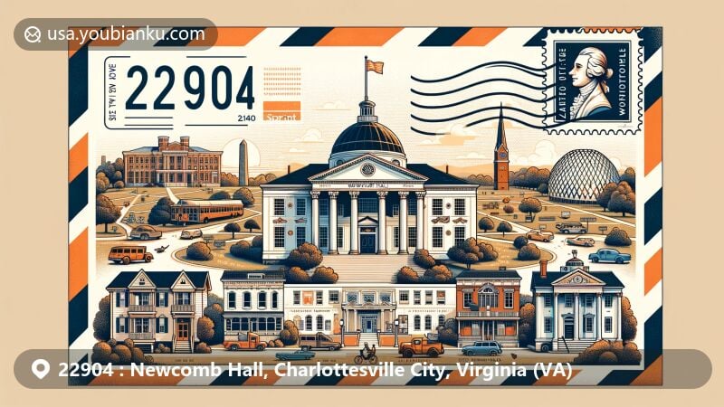 Modern illustration of Newcomb Hall in Charlottesville City, Virginia, with iconic elements of the area like Historic Downtown Mall, Paramount Theater, Sprint Pavilion, Monticello, University of Virginia, and Ash Lawn-Highland.