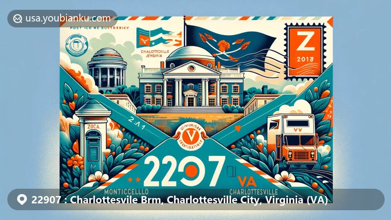 Modern illustration of ZIP code 22907 in Charlottesvile Brm, Charlottesville City, Virginia, featuring airmail envelope, Monticello, University of Virginia, and Virginia state flag.