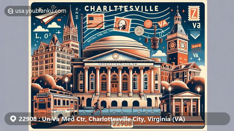 Modern illustration of Charlottesville, Virginia, showcasing Historic Downtown Mall, Paramount Theater, Old Metropolitan Hall, Monticello, and University of Virginia, with postal theme and vintage postcard elements.