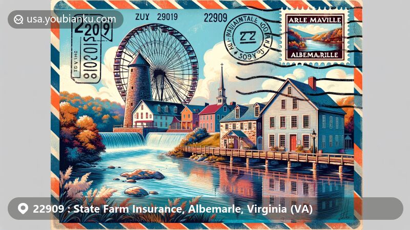 Modern illustration of Albemarle County, Virginia, featuring Advance Mills Historic District with Advance Mills Bridge, Batesville Historic District showcasing Colonial, Classical, Greek Revival architecture, postal markings, Virginia state stamp, and ZIP code 22909.