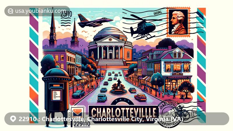 Modern illustration of Charlottesville, Virginia, featuring Monticello and University of Virginia silhouettes, vibrant Historic Downtown Mall, '22910' postal theme, and iconic American mailbox.