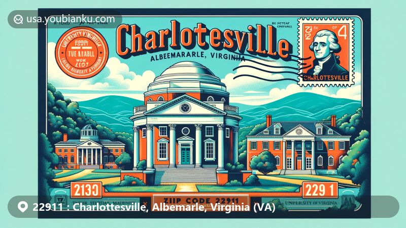 Modern illustration of ZIP Code 22911, showcasing Charlottesville and Albemarle in Virginia, featuring Monticello, University of Virginia, and Blue Ridge Mountains.
