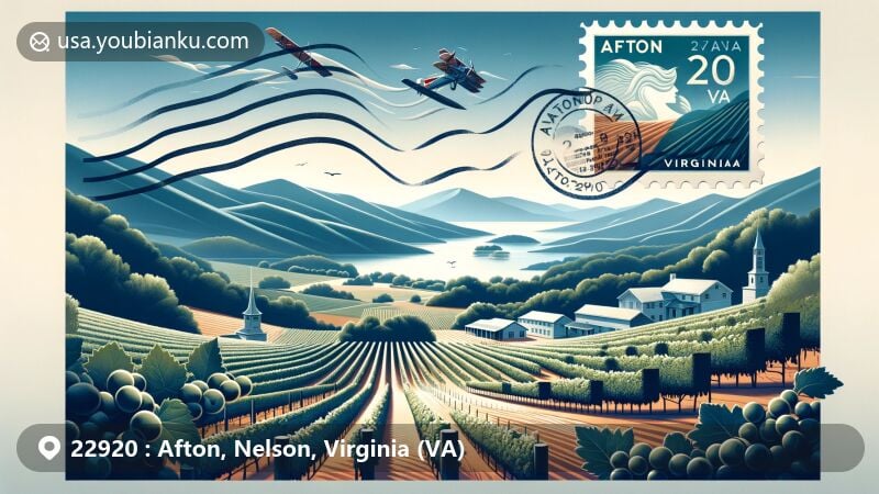 Scenic illustration of Afton, Virginia vineyards with Blue Ridge Mountains, featuring airmail envelope showcasing '22920' ZIP code and vineyard stamp, blending natural beauty with postal theme.
