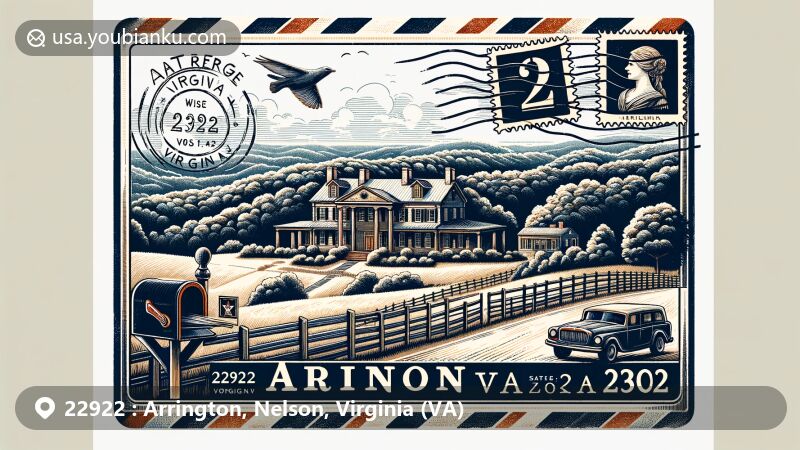 Modern illustration of Arrington, Nelson, Virginia, showcasing rolling hills, lush wooded forests, and iconic Oak Ridge Estate from 1802 in vintage postcard style.