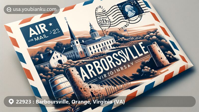 Modern illustration of Barboursville Ruins and Barboursville Vineyards in Virginia, featuring the Virginia state flag and a stamp with '22923 Barboursville, VA' postmark, blending historical and cultural heritage with postal theme.