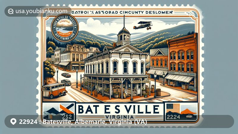 Modern illustration of Batesville, Virginia, highlighting Batesville Historic District and Batesville Market, showcasing architectural variety including Federal, Greek Revival, Classical Revival, and Colonial Revival styles, with vintage postal theme featuring ZIP Code 22924.