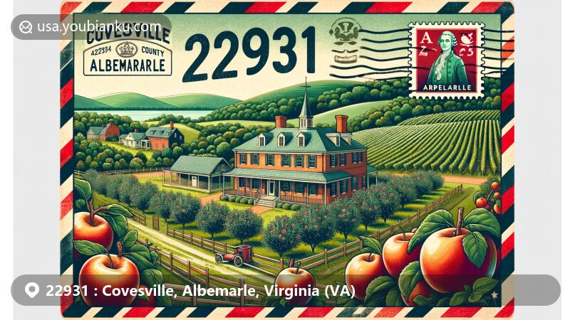 Modern illustration of Covesville, Albemarle County, Virginia, featuring Covesville Historic District and Albemarle Pippin apple cultivation, including a stylized Redlands home. Background shows Virginia's rolling hills and lush greenery, capturing natural beauty. Design resembles vintage postcard with postal elements.