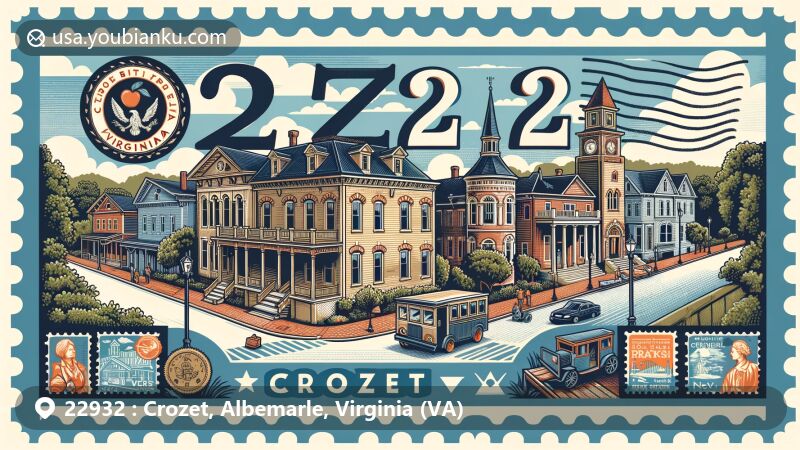 Modern illustration of Crozet, Virginia, ZIP code 22932, featuring a diverse range of architectural styles in the Crozet Historic District, iconic landmarks like the Crozet Library and Claudius Crozet Park, and symbols of the community's apple and peach farming history.
