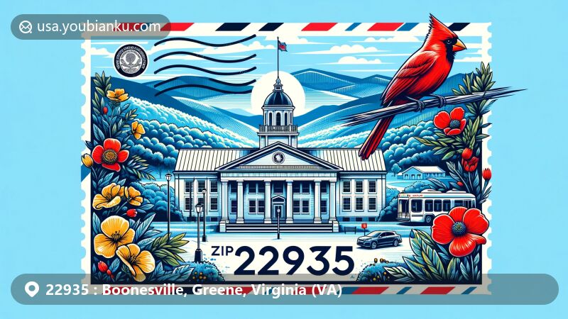 Illustration of Boonesville, Greene County, Virginia, presenting Greene County Courthouse, cardinal, and dogwood, with postal elements and ZIP code 22935, set against Blue Ridge Mountains backdrop.