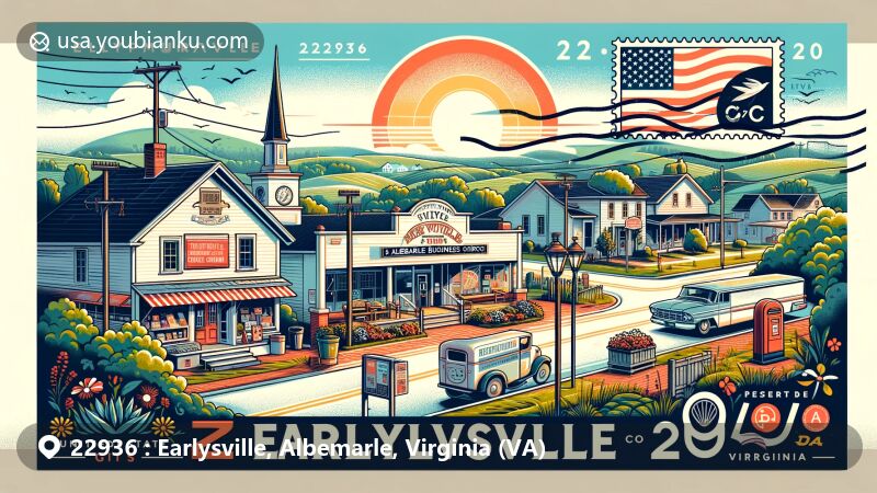 Modern illustration of Earlysville, Albemarle County, Virginia, capturing rural charm and postal theme with ZIP code 22936, featuring historic landmarks and lush greenery.