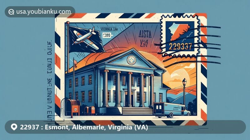 Modern illustration of Esmont, Albemarle County, Virginia, featuring airmail envelope with ZIP Code 22937, Virginia state flag, and artistic landmarks like Guthrie Hall or Esmont Farm.