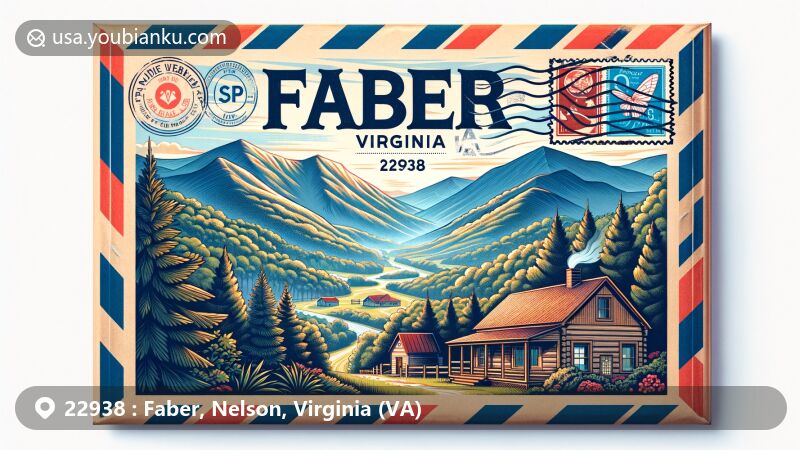 Modern illustration of Faber, Virginia, in a vintage air mail envelope, featuring Blue Ridge Mountain views, a cozy cabin, and postal symbols, showcasing the region's natural beauty and tranquil atmosphere.