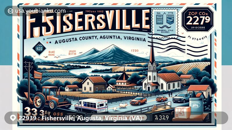 Modern illustration of Fishersville, Augusta County, Virginia, with postal theme showcasing ZIP code 22939, featuring Shenandoah Valley and Blue Ridge Mountains as backdrop, highlighting Augusta County's history and modern postal elements.