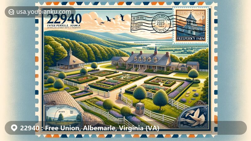 Modern illustration of Free Union, Albemarle County, Virginia, highlighting scenic Waterperry Farm with lush gardens, Blue Ridge Mountain views, and luxury retreat ambiance under a tranquil sky, incorporating a stylized postal stamp with ZIP code 22940 and Free Union Baptist Church.