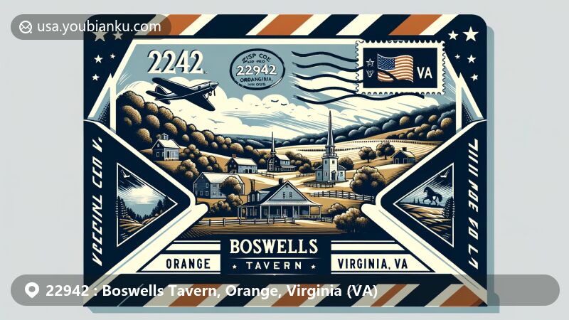 Modern illustration of Boswells Tavern, Orange, Virginia, featuring airmail envelope with ZIP code 22942, showcasing blend of rural landscape, historical landmarks, and Virginia's rich history.
