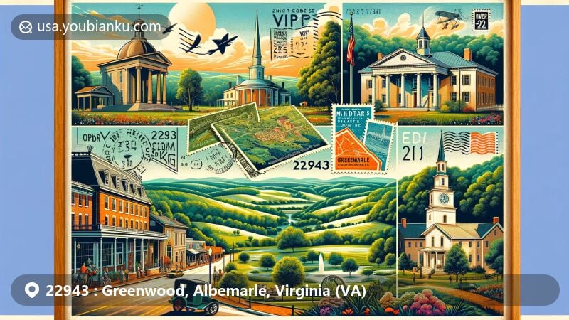 Modern illustration of Greenwood, Albemarle County, Virginia, showcasing lush greenery, rolling hills, Mirador, Casa Maria, vintage postcard theme with ZIP code 22943, and local community charm.