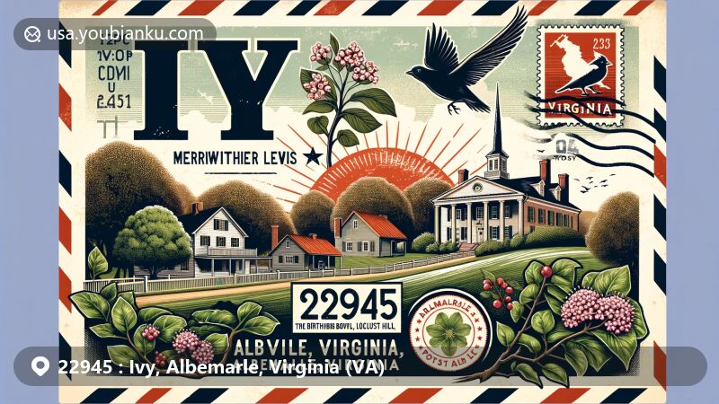 Modern illustration of Ivy, Albemarle, Virginia, featuring Meriwether Lewis's birthplace, Locust Hill, and historic home, Spring Hill, with a vintage postcard backdrop and airmail envelope borders. Includes Virginia's Dogwood flower and Cardinal bird stamps, ZIP code 22945, Albemarle County silhouette, and Virginia state flag.