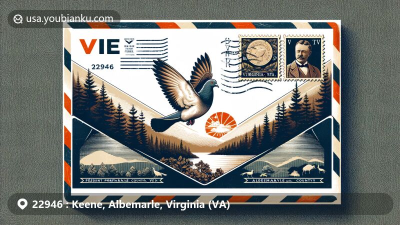 Modern illustration of Keene, Virginia, showcasing postal theme with ZIP code 22946, featuring Pine Knot or passenger pigeon and Virginia state symbols.