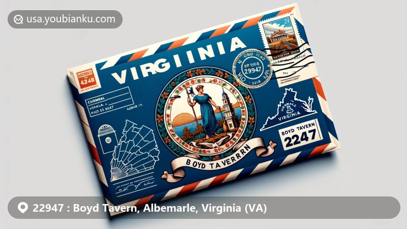 Modern illustration of Boyd Tavern, Albemarle County, Virginia, showcasing airmail theme with Virginia state flag, Albemarle County outline, and landmark of Boyd Tavern, featuring ZIP code 22947, stamp, and postmark.