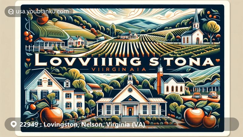 Modern illustration of Lovingston, Nelson County, Virginia, highlighting ZIP code 22949, showcasing The Orchard House, Mountain Cove Vineyard, and Bright Hope Baptist Church, capturing the area's outdoor activities and winemaking culture.
