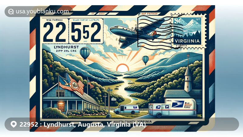 Modern illustration of Lyndhurst, Augusta County, Virginia, with ZIP code 22952 in a vintage airmail envelope, showcasing Blue Ridge Mountains and Humpback Rocks.