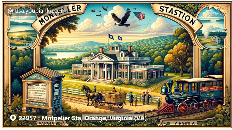 Modern illustration of Montpelier Station, Orange County, Virginia, featuring James Madison's historic Montpelier as central theme, surrounded by rich Virginia history and postal heritage, including iconic Montpelier mansion and vintage postal elements.